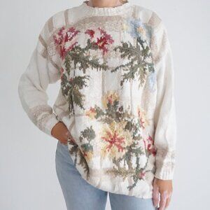 Tiara International Cream Floral Gardens Knit Cottagecore Cotton Blend Sweater L